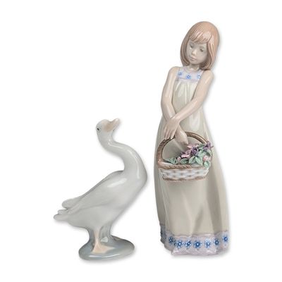 2pc Lladro Porcelain Figurines, Floral Treasures & Little Duck