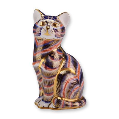 Royal Crown Derby English Bone China Paperweight, Imari Palette Seated Cat
