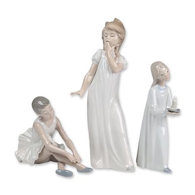 3pc Nao by Lladro Porcelain Figurines, Ballerina, Yawning & Girl with Candlestick