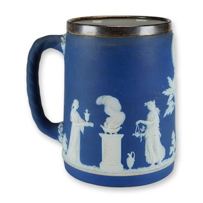 Wedgwood Cobalt Blue Jasperware Mug with Elkington and Co Sterling Silver Rim