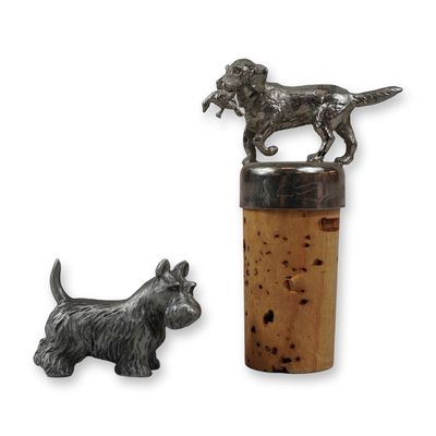 2pc Figural Dog Bottle Stopper and Rawcliffe Pewter Miniature Figurine by P. Davis