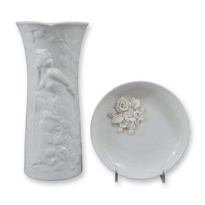 2pc Wedgwood White Glazed Porcelain John Bromley Vase and Petal Tray