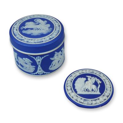3pc Wedgwood Jasperware Blue and White Cylindrical Trinket Box & Disc