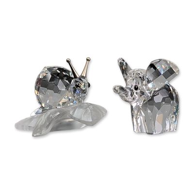 2pc Swarovski Crystal Figurines, Snail on Leaf and Small Elephant