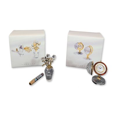 Two Swarovski Crystal Memories Secrets Collection Desk Clock Globe & Flower Vase with Crystal Vial
