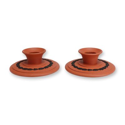 2pc Wedgwood Jasperware Rosso Antico and Black Basalt Candle Holders