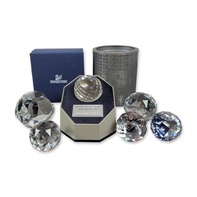 7pc Swarovski Collectors Society Crystal Paperweights and Display Base