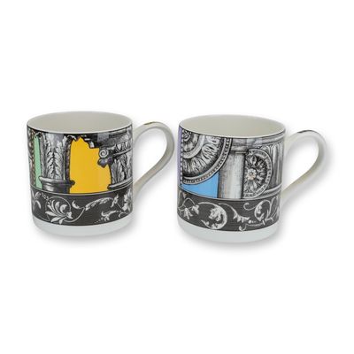 2pc Wedgwood Bone China Architectural Mugs, Green Corinthian and Blue Doric