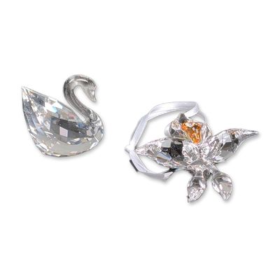 2pc Swarovski Crystal Swan Figurine and African Orchid Ornament