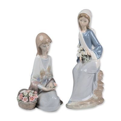 2pc Lladro Porcelain Figurines, Flower Song and Girl with Lilies Sitting