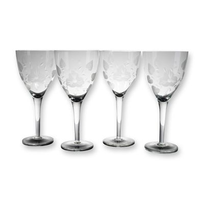4-Piece Floral Etched Crystal Wine Glasses