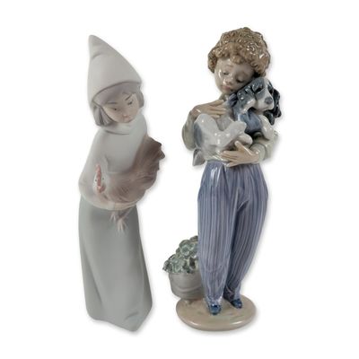 2pc Lladro Porcelain Figurines, Girl with Rooster and My Buddy