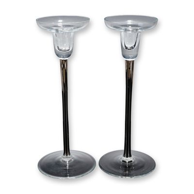 Pair of Clear and Black Stem Minimalist Crystal Candlesticks