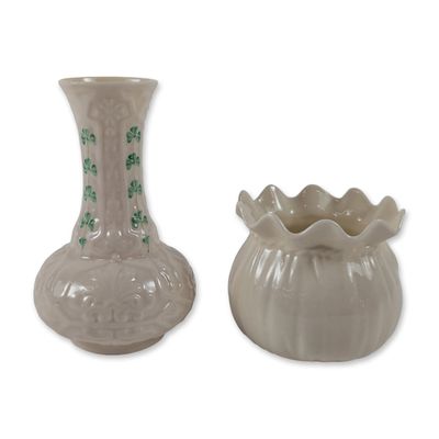 2pc Belleek Irish Shamrock Parian Porcelain Vase and Bowl