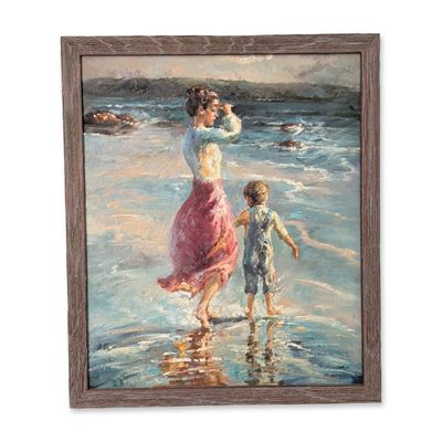Impressionist Oil on Canvas Painting, Mother and Child on the Seaside, Signed