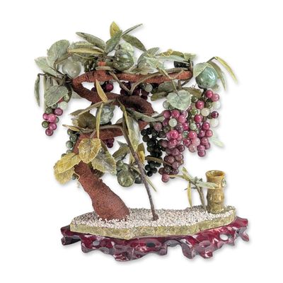 Chinese Gemstone Grape Bonsai Tree on Carved Hardwood Stand