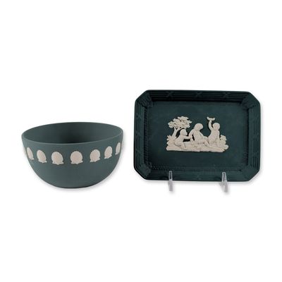 Two Wedgwood Jasperware Green Ceramic Table Wares