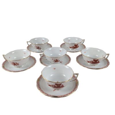12pc Herend Chinese Bouquet Orange Porcelain Teacups and Saucers