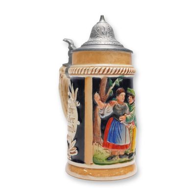 West German Collectible Beer Stein, Hand-Painted with Pewter Lid