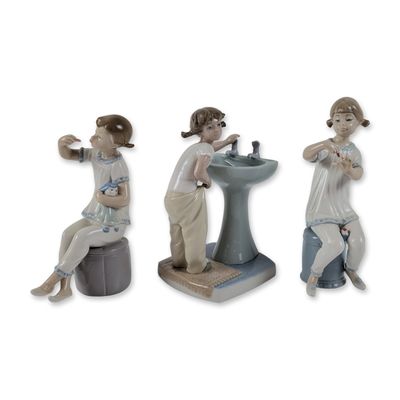3pc Lladro Porcelain Figurines, Girl with Doll, Clean Up Time, and Girl Manicuring