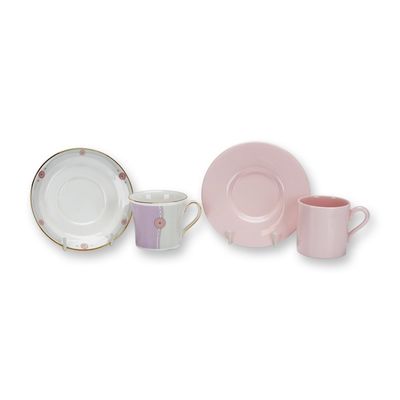 4pc Wedgwood Bone China Coffee Cups and Saucers in Alpine Pink and Satin Patterns
