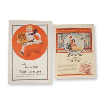 2-Piece Vintage Magazine Ads, Lorraine Hair Net 1922 & Post Toasties 1913