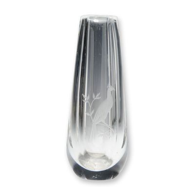 Orrefors Clear Crystal Faceted Bud Vase with Etched Bird