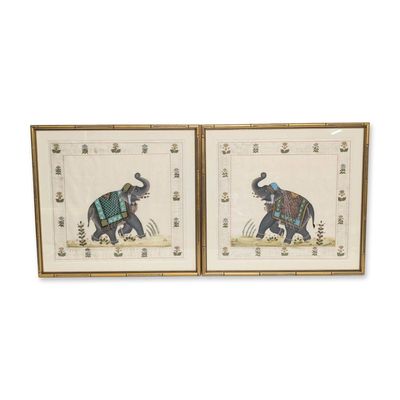 Pair of Indian Mughal Style Elephant Silk Paintings Framed
