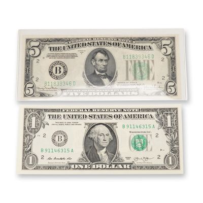 2pc 1934D, 2013 U.S. Federal Reserve One & Five Dollars Note