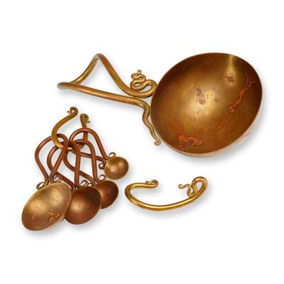 A Joe Spoon Signed Brass Set of Measuring Spoons and Cup