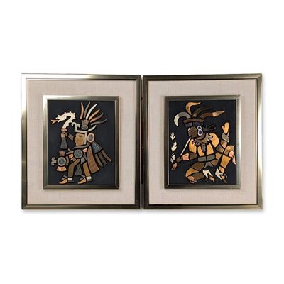 2pc Los Castillo Style Mexican Mixed-Metal Mesoamerican Warrior Wall Plaques