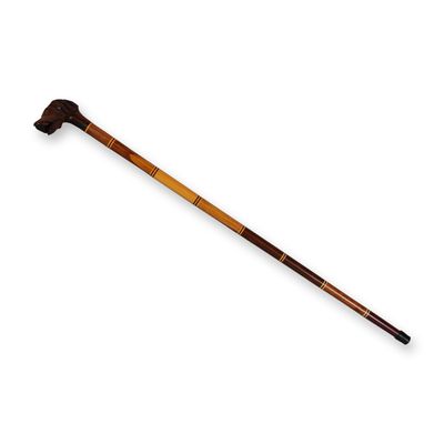Hand-Carved Dog Head Handle Walking Stick with Segmented Hardwood Shaft