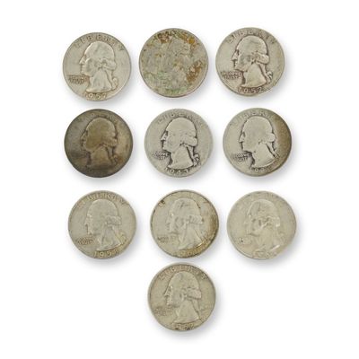 10pc Collection of US Silver Washington Quarters,1934-1963