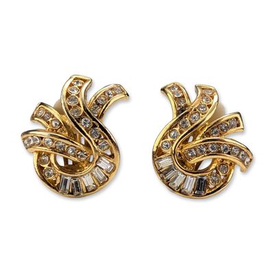 Pair of Gold Toned Rhinestone Swirl Clip Earrings