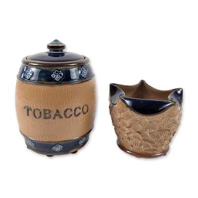 2pc Royal Doulton Lambeth Stoneware Tobacco Jar and Match Striker