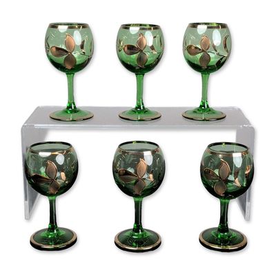 6pc Bohemia Gilded Green Glass Cordials