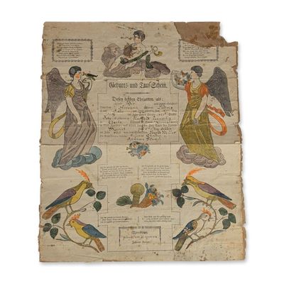 Antique Pennsylvania German Fraktur Birth and Baptismal Certificate, Taufschein