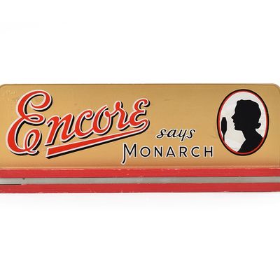 Sale Photo Thumbnail #517: Encore Says Monarch 1940s Reverse-Painted Glass Sign CHICAGO