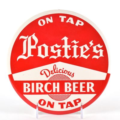 Sale Photo Thumbnail #576: Posties Birch Beer 1950s Tin-Over-Cardboard Button Sign