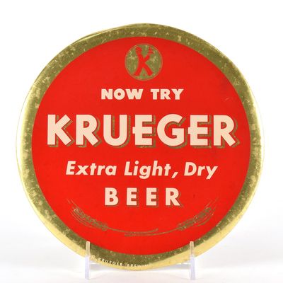 Sale Photo Thumbnail #559: Krueger Extra Light Dry Beer 1950s Tin-Over-Cardboard Button SIgn
