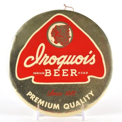 Sale Photo Thumbnail #555: Iroquois Beer 1950s Tin-Over-Cardboard Button Sign