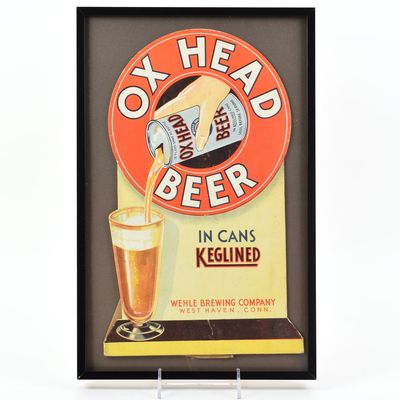 Sale Photo Thumbnail #571: Ox Head Beer 1930s Die-Cut Cardboard Sign IN KEGLINED CANS