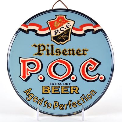 Sale Photo Thumbnail #575: POC Pilsener Beer 1940s Tin-Over-Cardboard Button Sign PERFECTION
