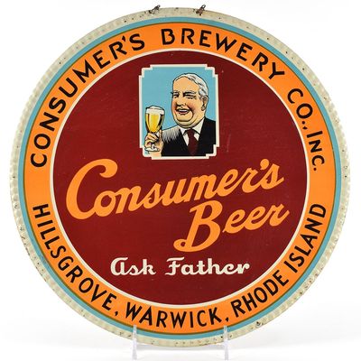 Sale Photo Thumbnail #539: Consumers Beer 1930s Tin Sign ASK FATHER OUTSTANDING