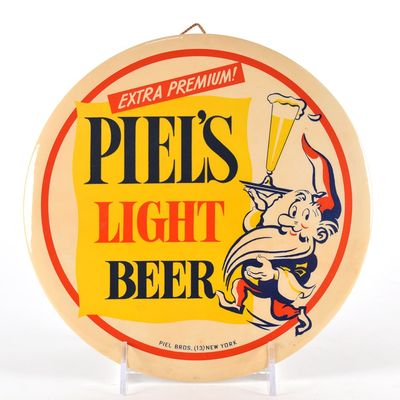 Sale Photo Thumbnail #574: Piels Light Beer 1950s Tin-Over-Cardboard Button Sign GNOME 4-COLOR EXCEPTIONAL