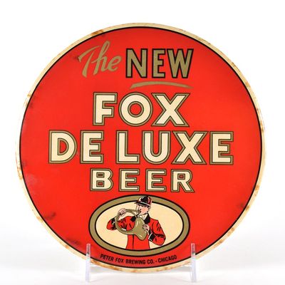 Sale Photo Thumbnail #543: Fox De Luxe Beer 1940s Tin-Over-Cardboard Button Sign TOUGH
