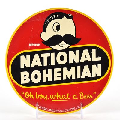 Sale Photo Thumbnail #561: National Bohemian 1950s Tin-Over-Cardboard Button Sign MR BOH WHAT A BEER