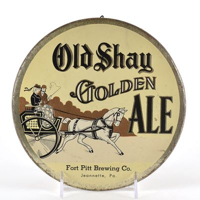 Sale Photo Thumbnail #569: Old Shay Golden Ale 1950s Tin-Over-Cardboard Button SIgn