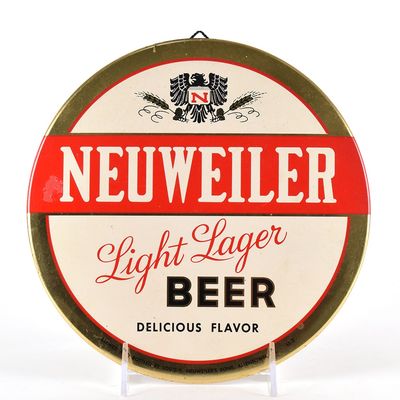 Sale Photo Thumbnail #563: Neuweiler Light Lager Beer 1950s Tin-Over-Cardboard Button Sign