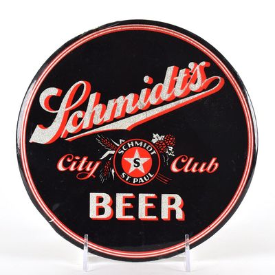 Sale Photo Thumbnail #581: Schmidts City Club Beer 1940s Tin-Over-Cardboard Button Sign EXCELLENT